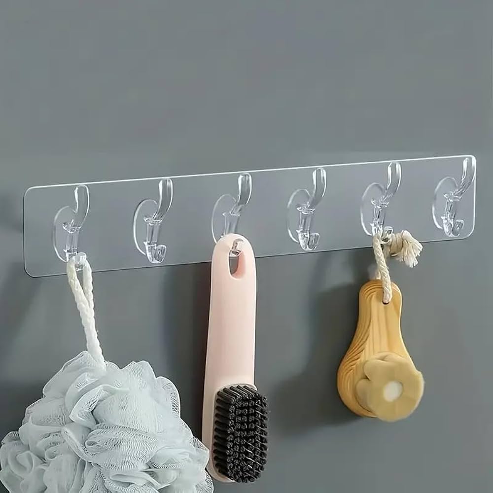 (Pack of 3) 6 Row Transparent Wall Hooks Self Adhesive Clothes Coat Door Hanger Towel Key Holder Bathroom Kitchen Storage Sticker Hook