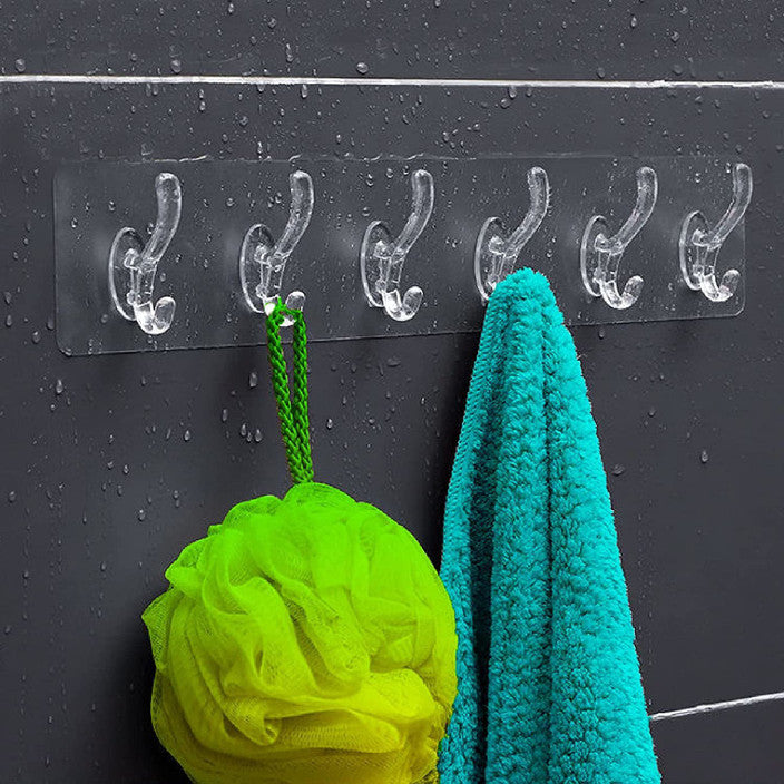 (Pack of 3) 6 Row Transparent Wall Hooks Self Adhesive Clothes Coat Door Hanger Towel Key Holder Bathroom Kitchen Storage Sticker Hook