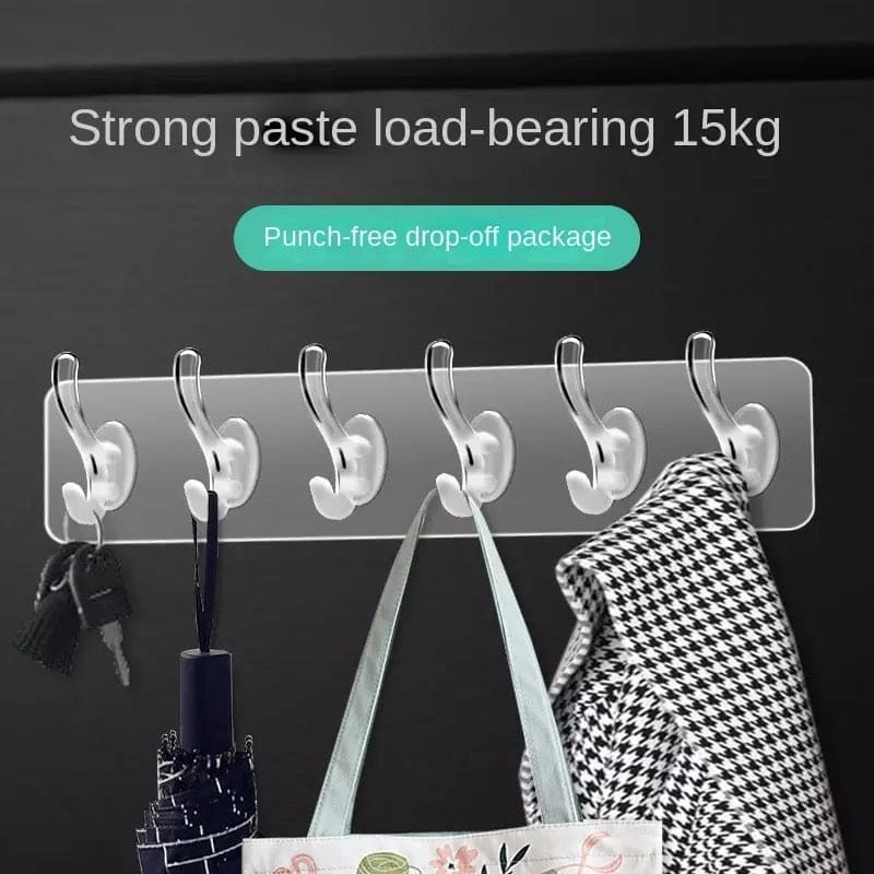 (Pack of 3) 6 Row Transparent Wall Hooks Self Adhesive Clothes Coat Door Hanger Towel Key Holder Bathroom Kitchen Storage Sticker Hook